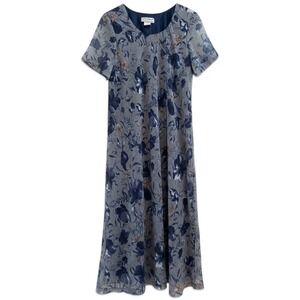 Tracy Richards Dress Womens 18WP Gray Blue Floral Vintage 90s Chiffon Maxi Retro
